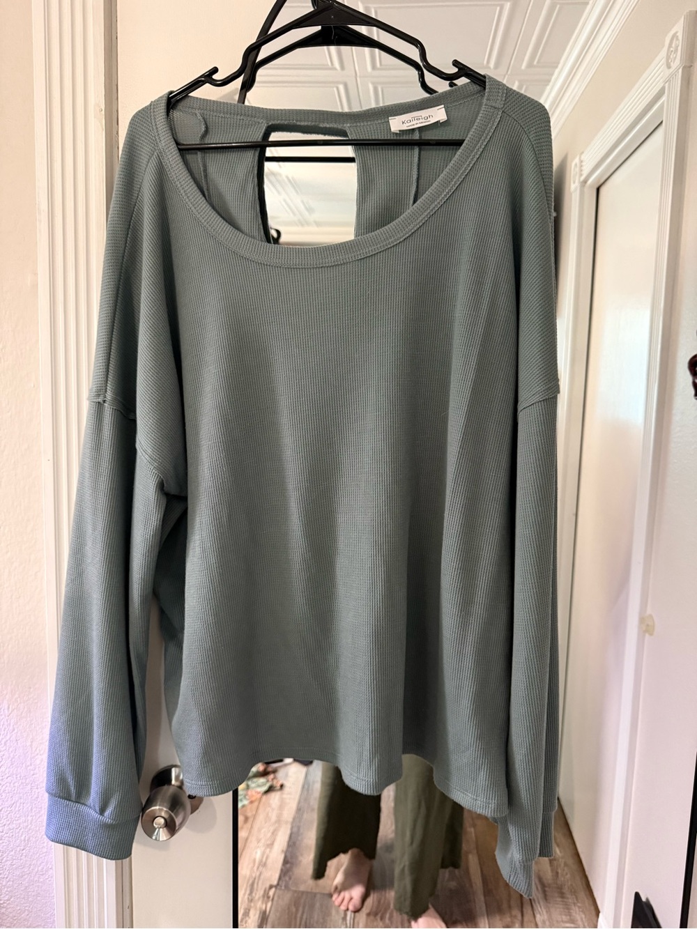 Light Sage Long-Sleeve Waffle Knit Top with open back design